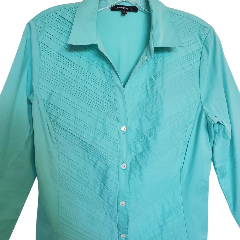 Lafayette 148 Teal Top 10 Collar Pleated Button Shirt 10 Stretch Career Casual - Picture 2 of 5